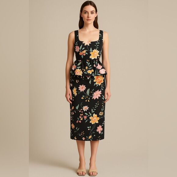 Tuckernuck Peplum Floral Jacquard Midi Dress | Size 2 - Picture 1 of 10